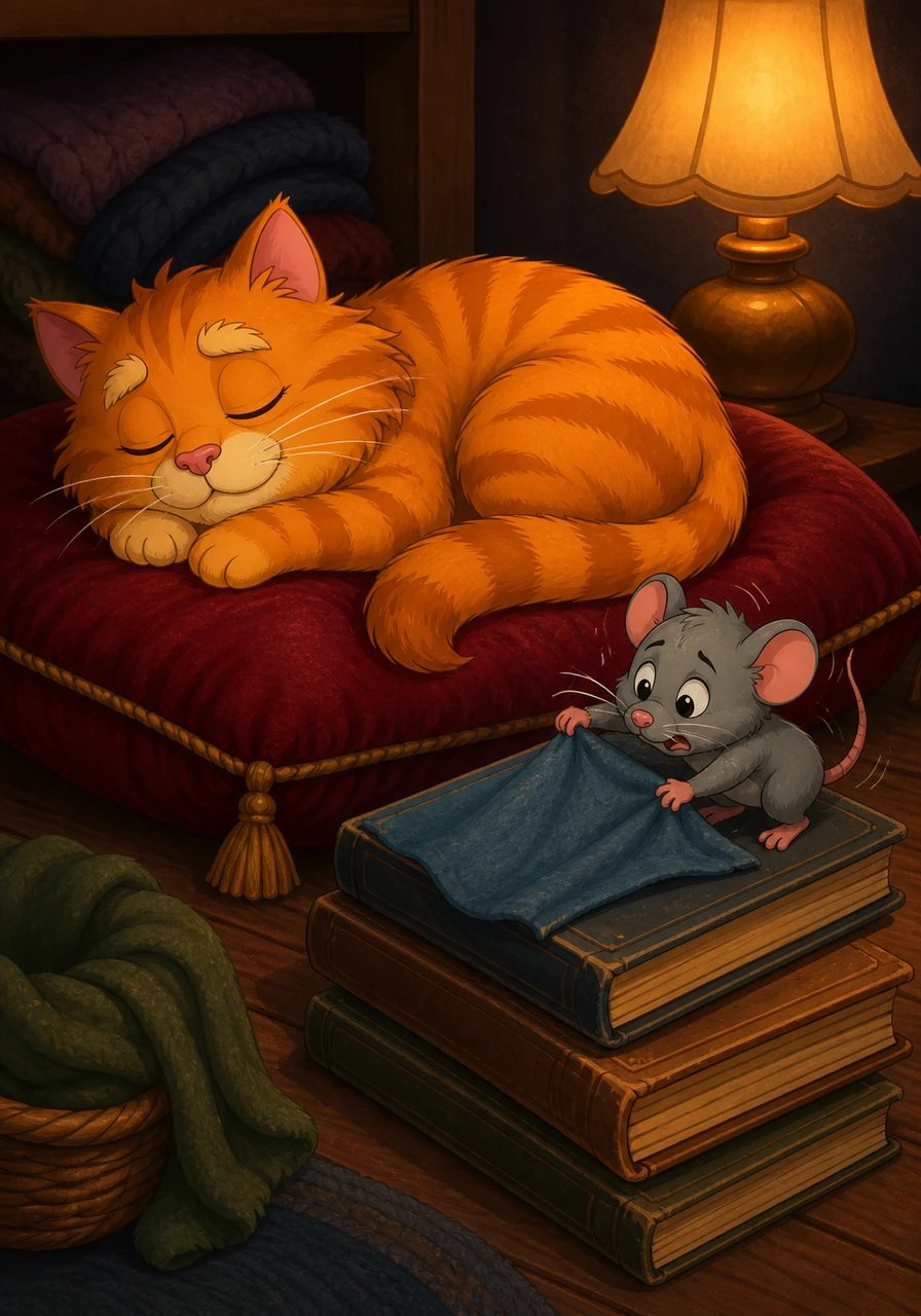 Whiskers curls up on his plush red velvet cushion, ready to drift off to sleep. Pip tries to make a bed on a stack of soft, old picture books, but they are a little too slippery and cold.