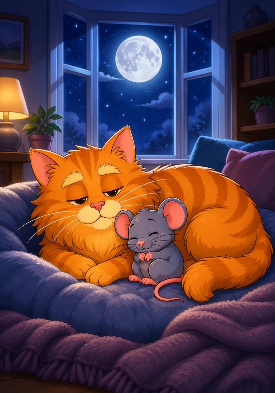 Outside the large bay window, the big, round moon rises high, casting shimmering silver light across the quiet room. Whiskers begins to purr, a rhythmic sound that fills the air and makes Pip feel very drowsy.