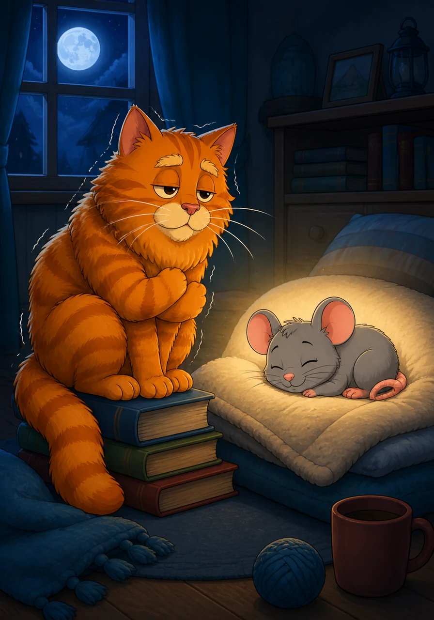 Pip shivers slightly on his book stack and looks over at the soft, warm mountain of fur that is Whiskers. The cat seems so comfortable and cozy, radiating warmth in the chilly night air.
