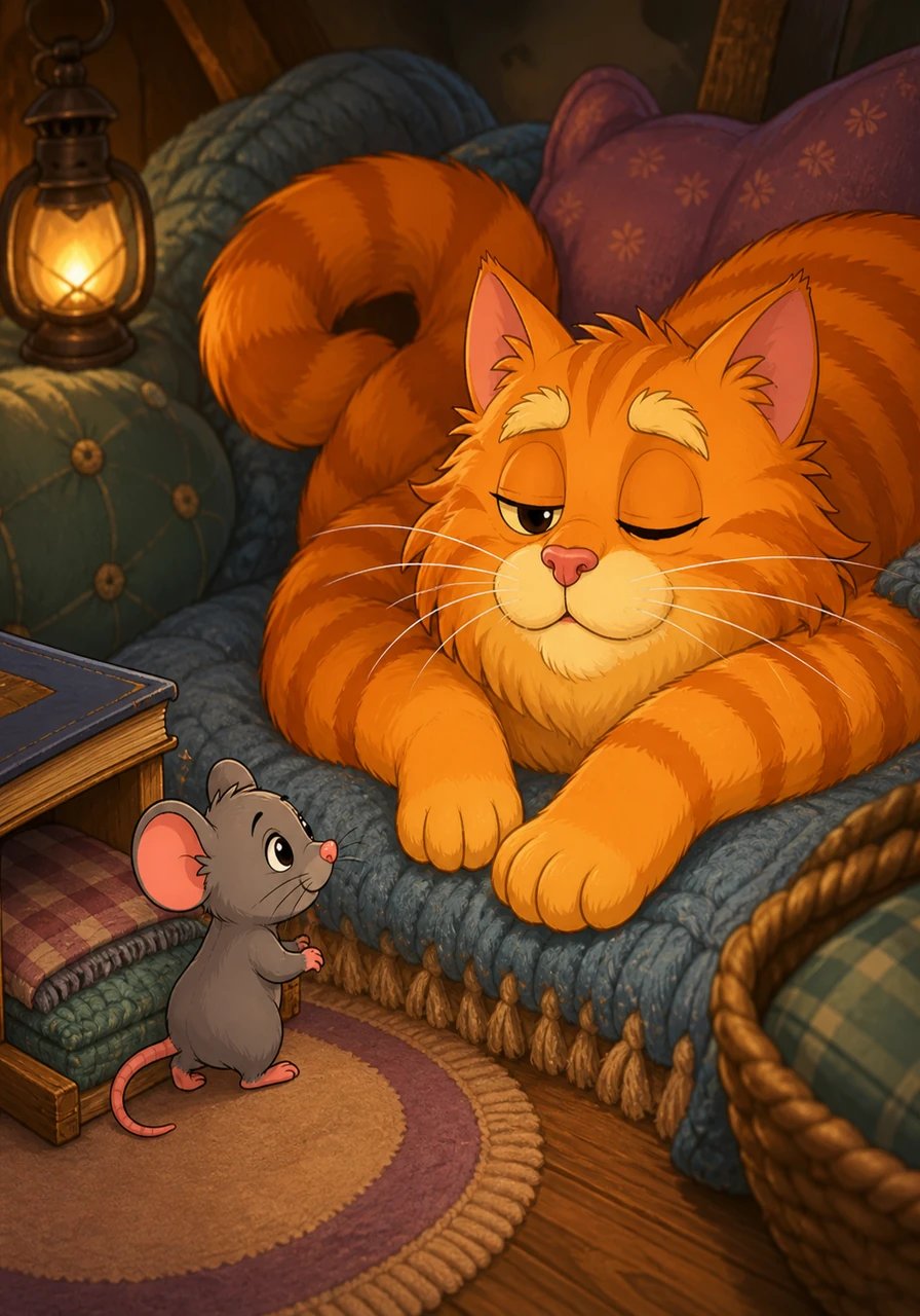 Taking a brave step, Pip leaves his book bed and creeps toward the sleeping cat. Whiskers opens one sleepy eye, lets out a soft trill, and shifts his paws slightly to make a small, inviting space.