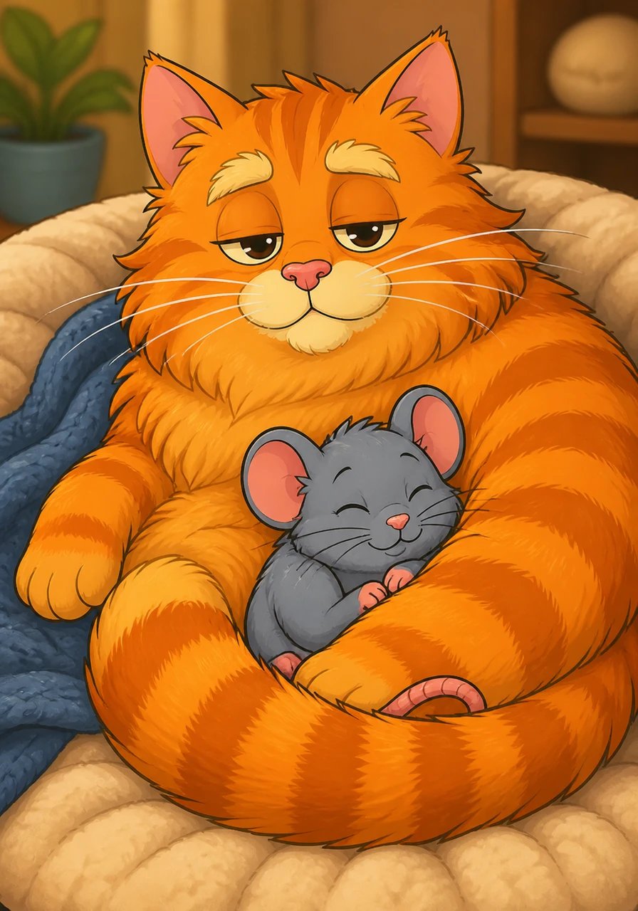 Pip snuggles deep into the fluffy orange fur near Whiskers' tummy, feeling the cat’s slow, steady heartbeat. Whiskers gently wraps his long, striped tail around Pip, holding him snug like a warm, fuzzy blanket.
