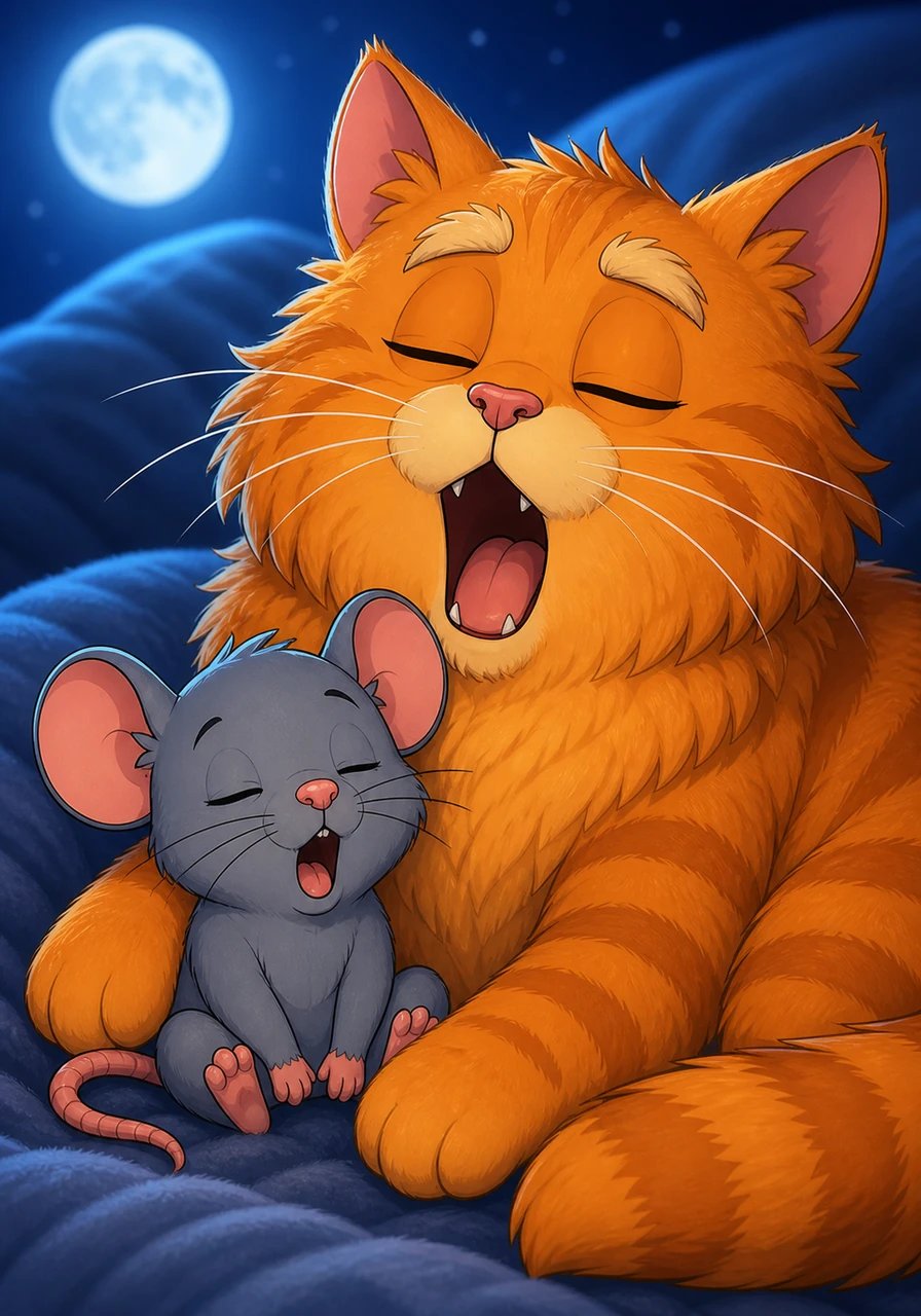 Bathed in the soft glow of the moonlight, the two unlikely friends share one last synchronous yawn. A feeling of safety and comfort washes over them, proving that friendship can bloom in the quietest of times.