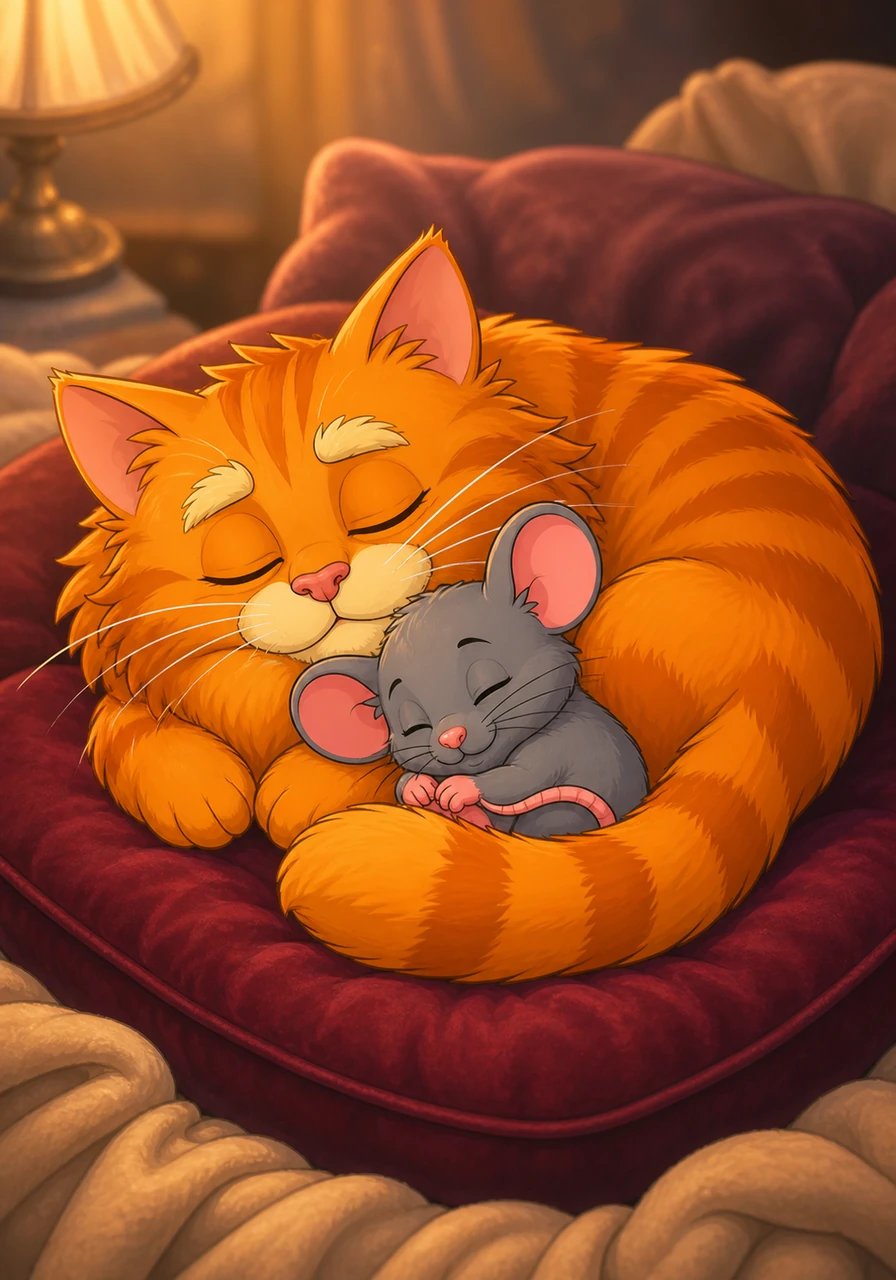 Fast asleep, Whiskers and Pip are a content pile of fluff and whiskers on the velvet cushion. Drifting off to dreamland together, they are the perfectly cozy picture of peace and rest.