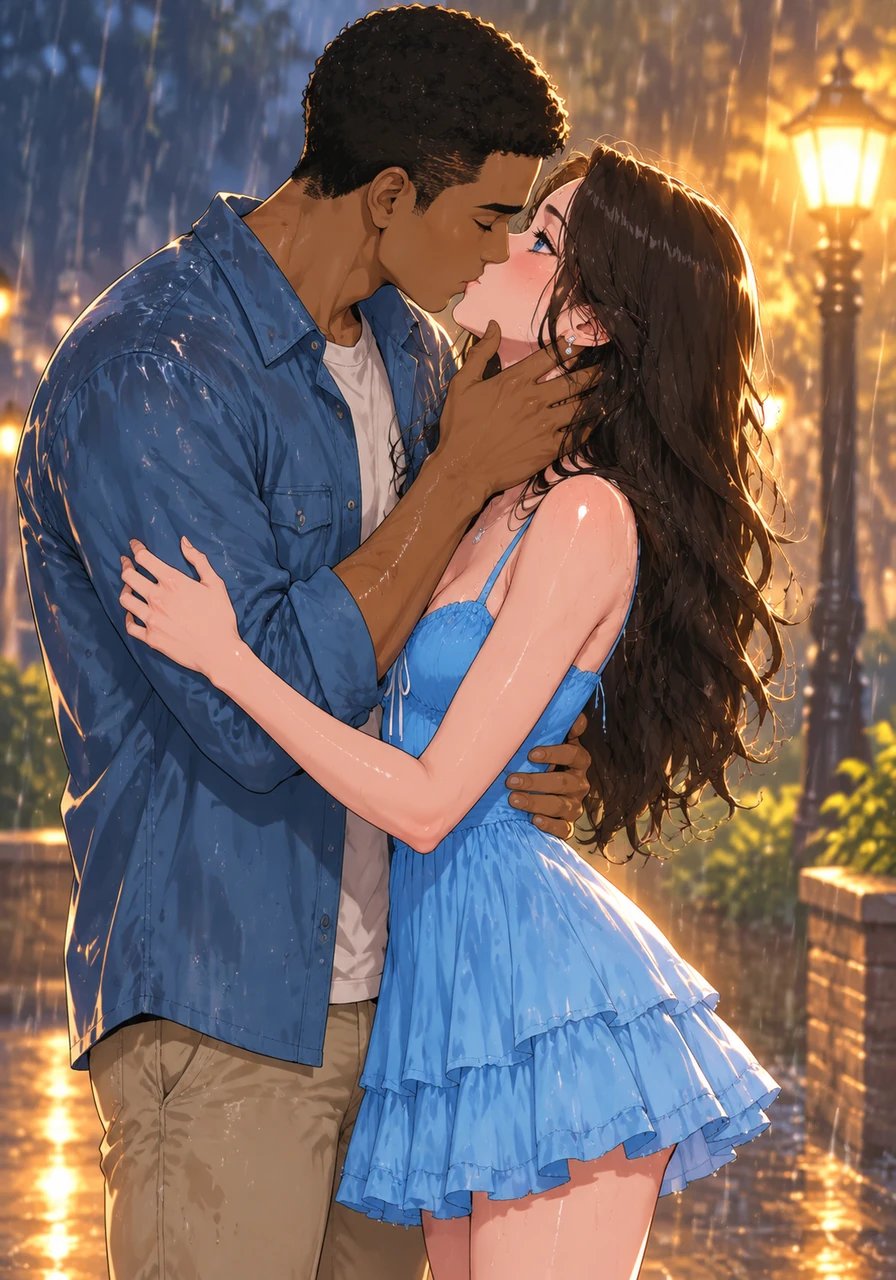 Amani gently holds her gaze, telling her with quiet certainty not to run away. In that electric moment beneath the falling rain, they surrender to their feelings and share a tender, unforgettable kiss.