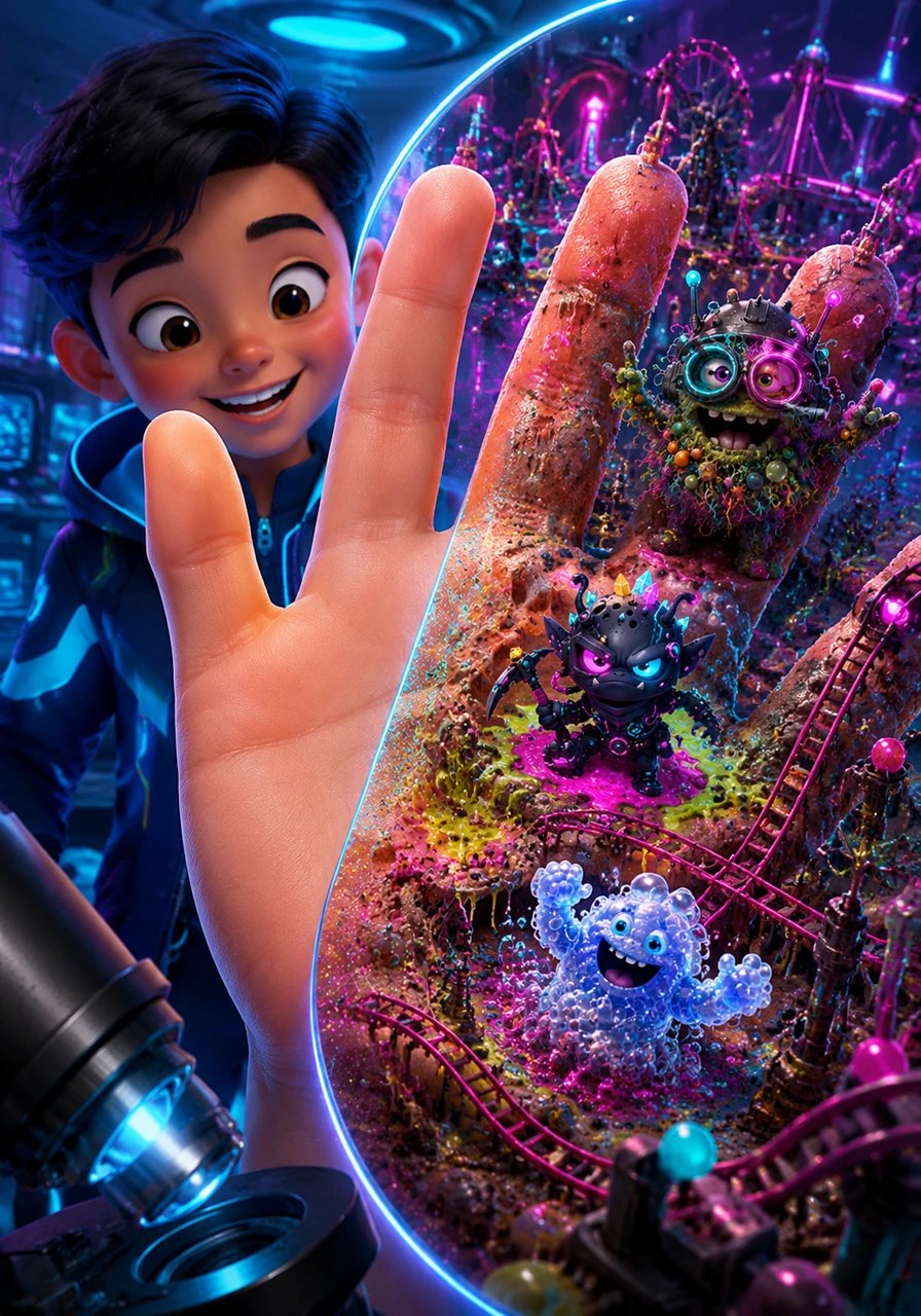 Leo’s hands looked perfectly clean to the naked eye. But under a super-duper-secret microscope, they were actually a crowded, messy amusement park for The Grime Gang—tiny, invisible monsters who loved nothing more than sticky fingers and fresh mud puddles.