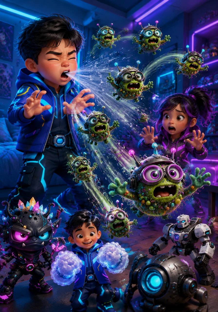 Suddenly, Leo let out a massive sneeze, sending a loud achoo echoes through the room. Without a tissue in sight, the Grime Gang didn't just stay on his hands—they launched into the air like tiny, green stuntmen wearing helmets and goggles, flying straight toward his favorite toys and his best friend, Maya.