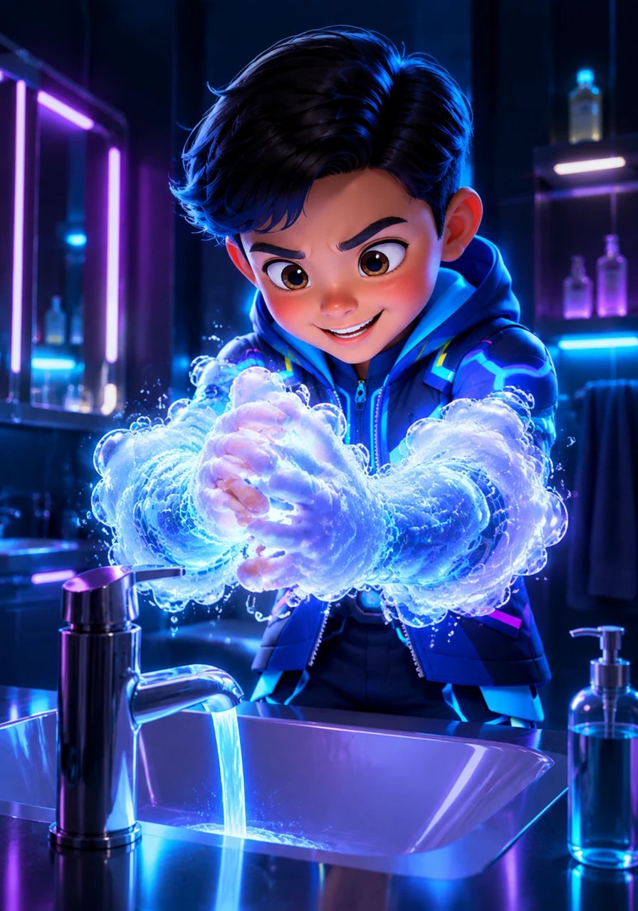 It was time to launch Operation: Suds Up. Leo rushed over to the bathroom sink, flipped on the faucet, and rubbed his hands together with a giant dollop of soap, watching a glowing cloud of sudsy superhero armor form over his fingers.