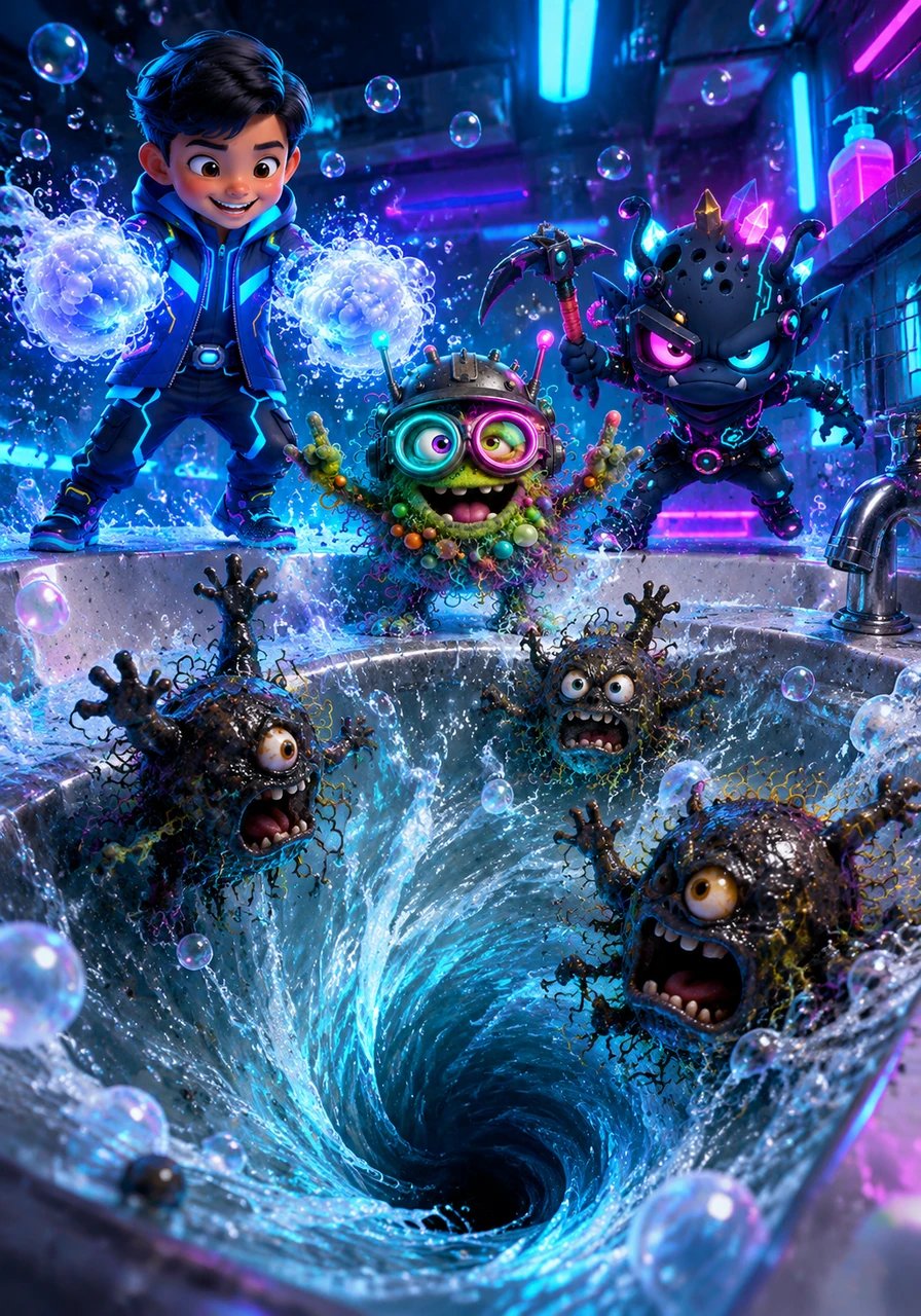 For twenty whole seconds, the brave Soap Bubbles clashed with the messy Grime Gang in an epic bathroom battle. With plenty of swooshing and splashing, the slippery dirt monsters lost their grip entirely and slid down into the swirling whirlpool of the drain.