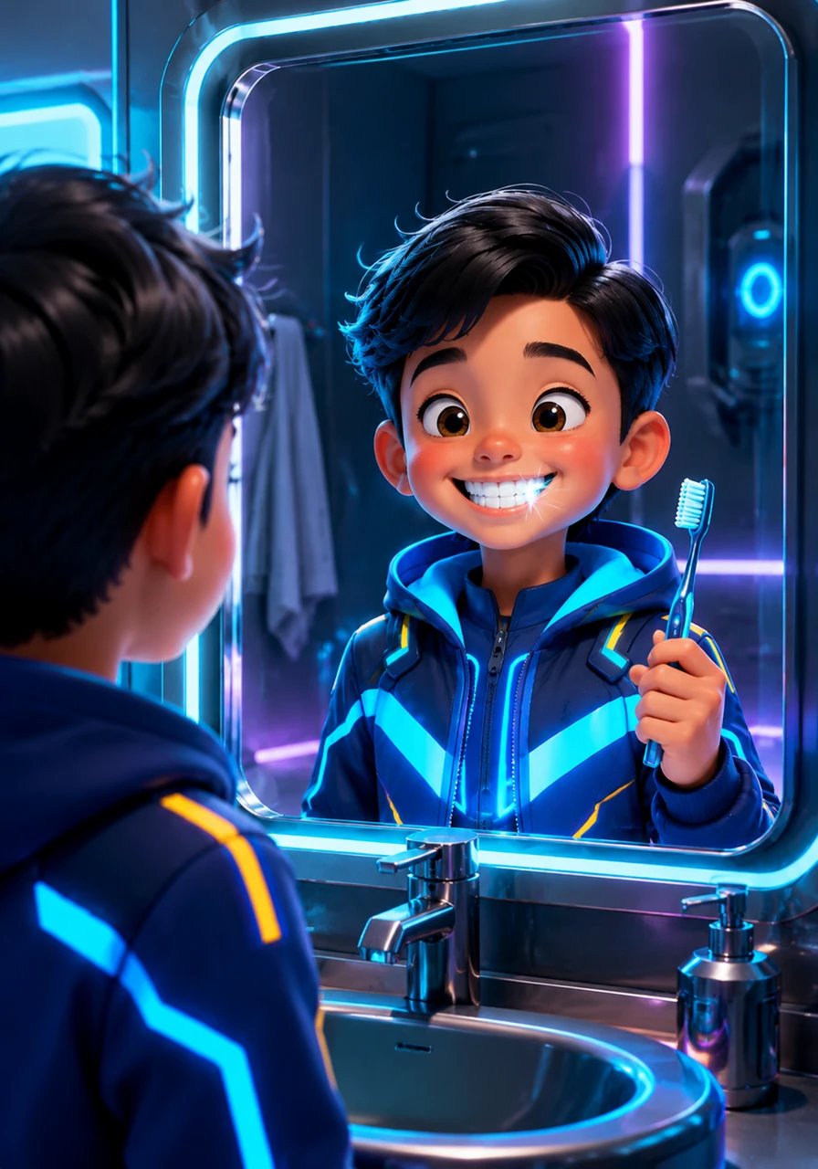 Leo scrubbed up and down, round and round, reaching the front, the back, and the hidden chompers way in the back. With one final, bubbly rinse, his teeth sparkled so brightly that they practically let out a brilliant, cartoonish ping in the mirror.