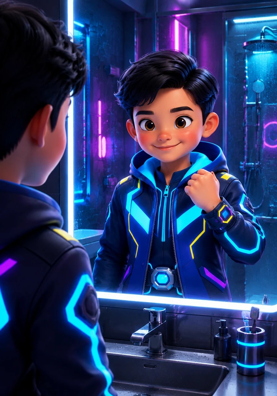 To finish the mission, Leo washed his face until it glowed and neatly combed his hair. He realized that taking care of his body wasn't just about cleaning up; it was about building a strong, happy, and unstoppable fortress.