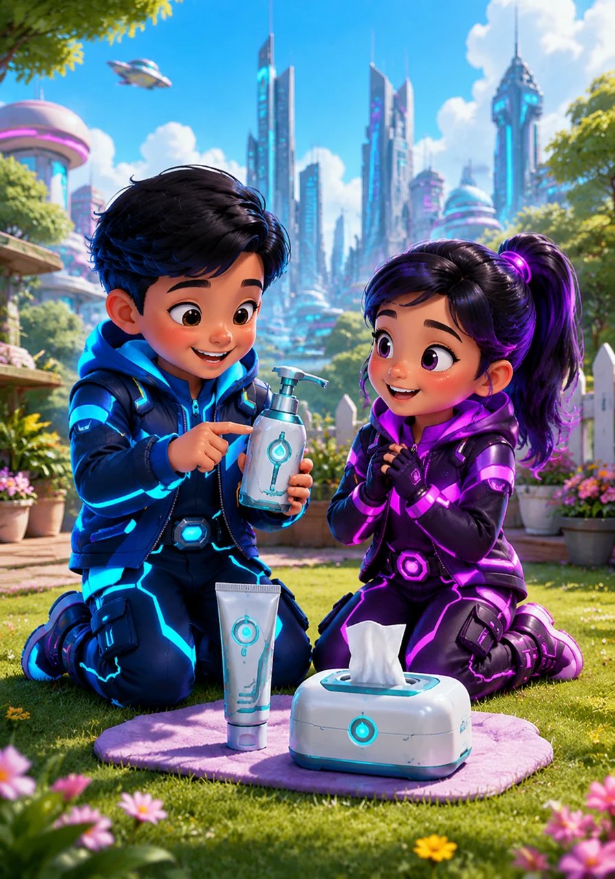 With the villains defeated, Sparkle City was completely safe, healthy, and ready for a brand-new day of backyard adventures. Leo and Maya played happily together, knowing their high-tech gadget superpowers—soap, toothpaste, and tissues—were always ready for action.