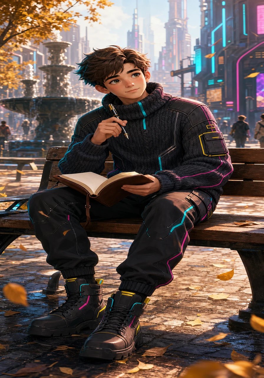 Ron sits quietly on a wooden bench in a sunlit cobblestone plaza, tapping his fountain pen against a leather-bound notebook. Fallen golden leaves swirl around his boots as he searches for the missing line of his latest poem. The morning sun washes over his cozy sweater, casting a serene glow on the bustling city around him.