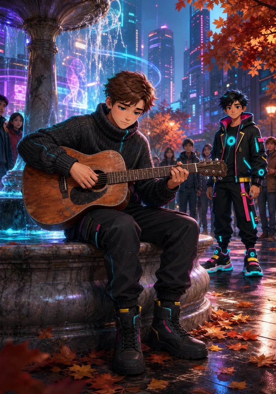 Across the square, Tom sits on the edge of a marble fountain, cradling his well-worn acoustic guitar. As his fingers glide across the strings, a rich, melancholic melody fills the crisp autumn air. Passersby stop to listen, captivated by the passionate expression on the young musician's face.