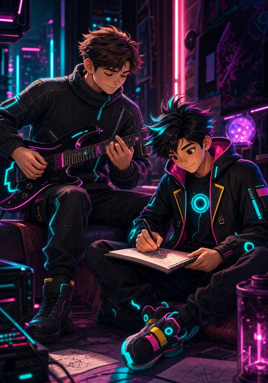 The soulful music reaches Ron, sparking an instant wave of artistic inspiration. His pen begins to fly across the paper, matching the tempo and emotion of Tom's guitar string by string. For the first time all day, the poet feels his heart align perfectly with a rhythm outside himself.