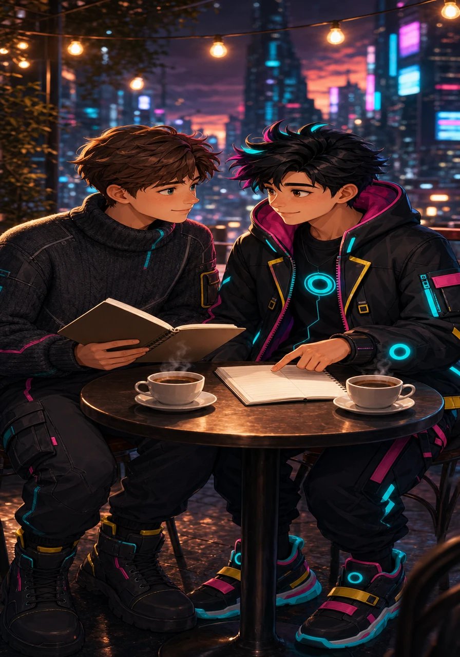 As dusk settles, the two sit side-by-side at a small outdoor café table beneath warm golden string lights. Steaming cups of coffee sit forgotten between them as they exchange notebooks and sheet music, lost in deep conversation about art and life. A gentle bond forms between the poet and the musician in the twilight calm.