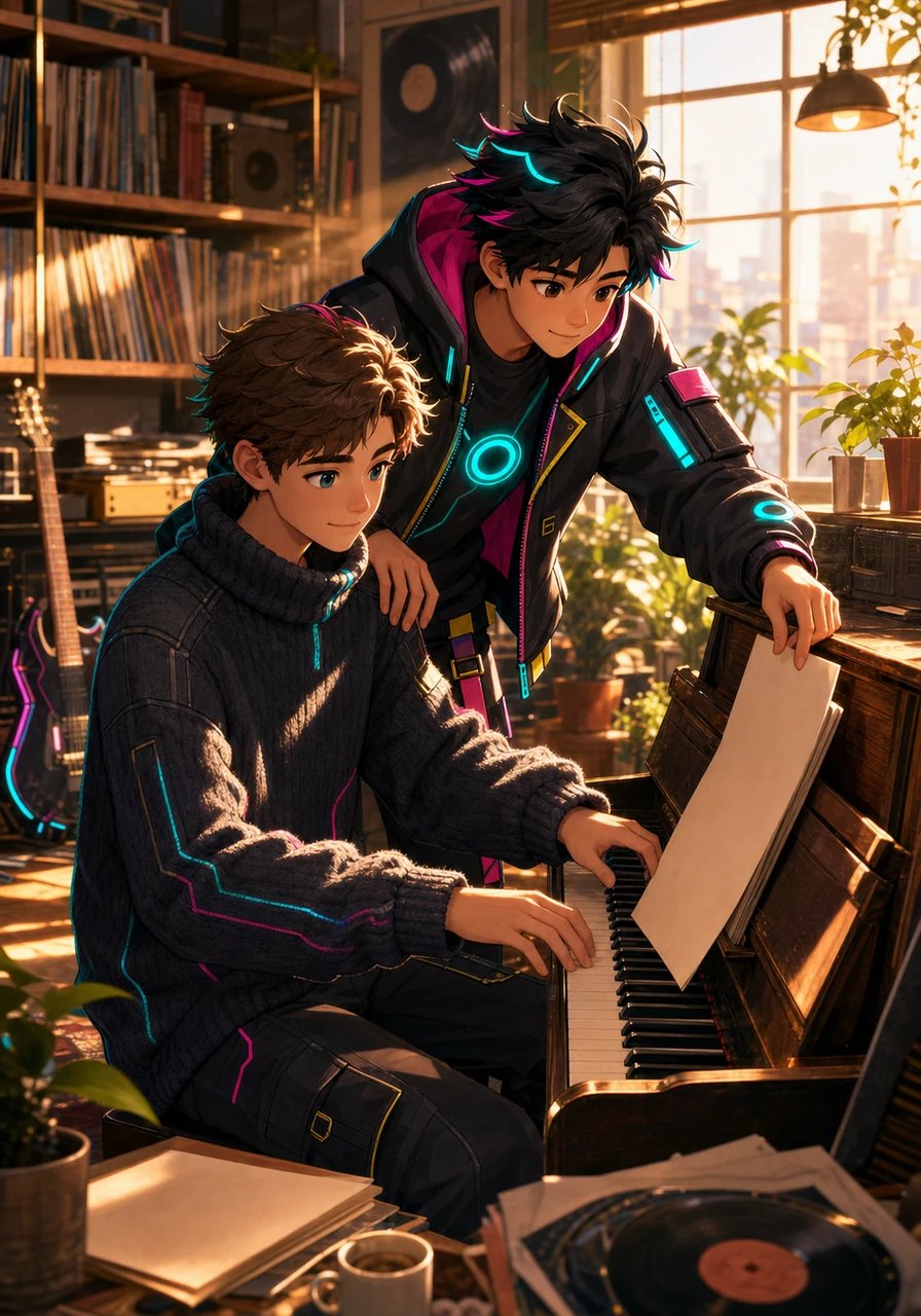 Inside Tom's sun-drenched music studio, surrounded by vintage records and scattered sheet music, they begin creating together. Tom sits at an upright piano, playing soft chords while Ron leans over his shoulder, adjusting verses to match the melody. Their creative harmony fills the bright room with warmth and intimacy.