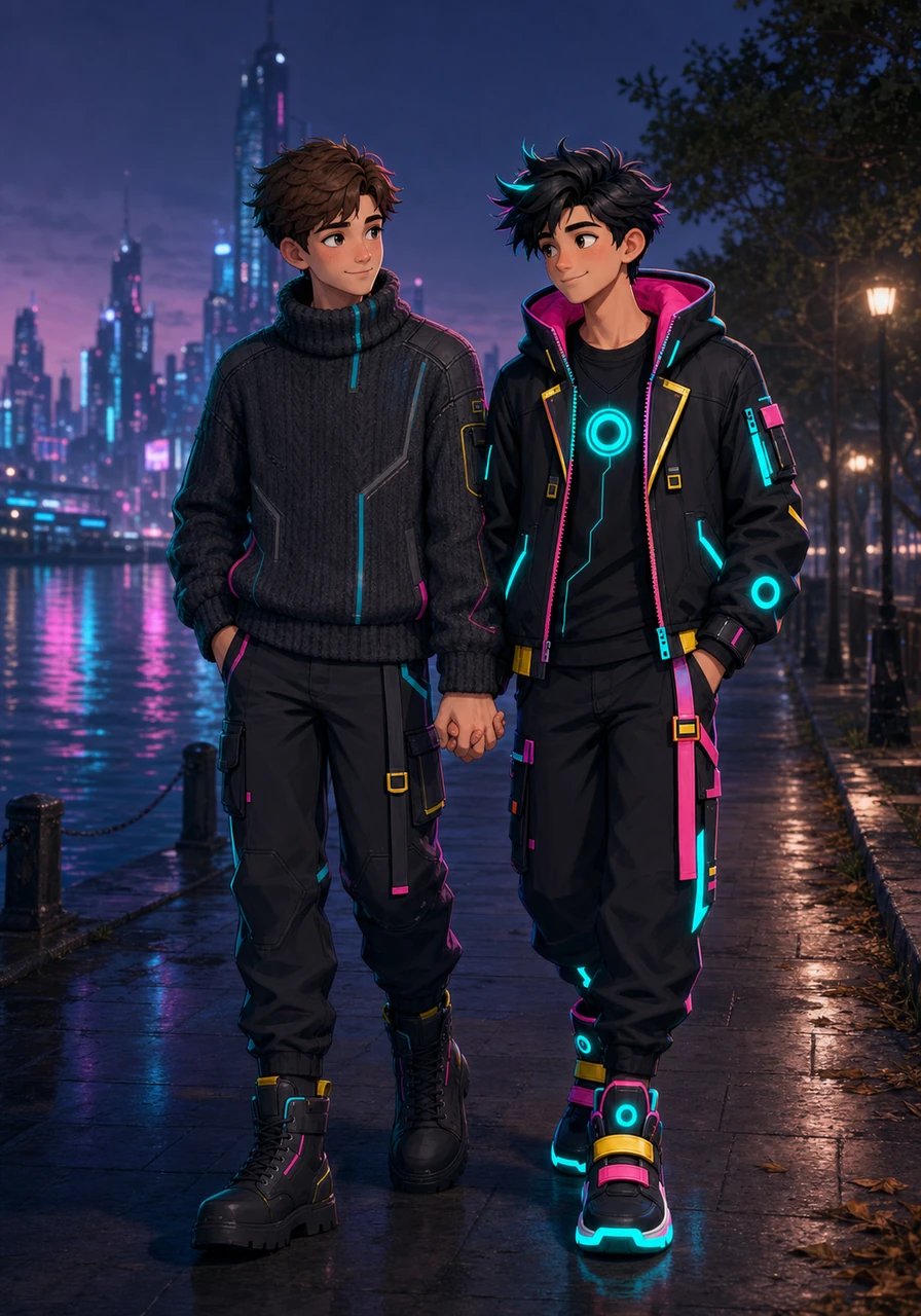 Taking a late evening walk along the quiet riverbank, the city lights shimmer like fallen stars across the water. As they walk close together, their fingers brush, and Tom gently reaches down to interlock his hand with Ron's. Ron smiles softly, squeezing Tom's hand as they share a quiet, meaningful look.