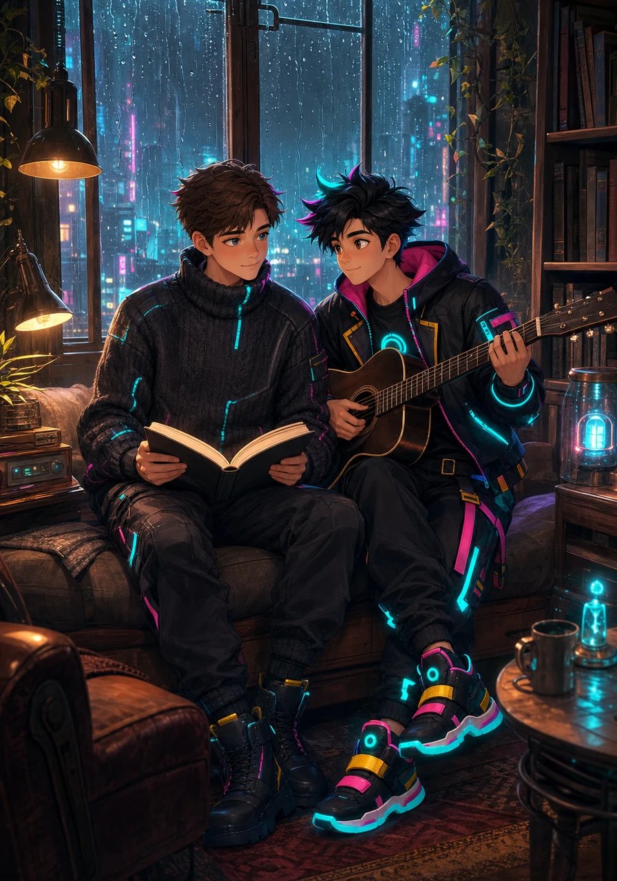 Rain patters softly against the windowpanes of Ron's vintage study during a cozy afternoon. Resting comfortably on the window seat, Ron reads his newly finished love poem out loud as Tom plays a delicate acoustic harmony. In that moment, the romantic devotion beneath their art becomes undeniable.
