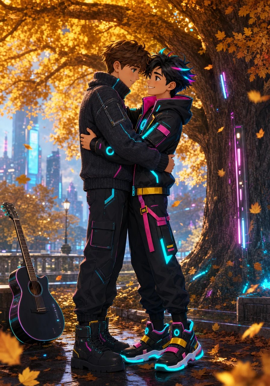 Under the canopy of a grand golden oak tree in the central park, Tom surprises Ron with a song composed entirely for him. As the final notes fade into the afternoon breeze, Tom sets his guitar aside and leans in to confess his feelings. Ron responds with a bright smile, embracing Tom tightly as colorful leaves drift down around them.