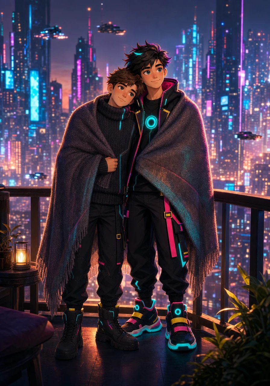Standing together on a high balcony overlooking the sparkling city skyline, Ron and Tom lean into each other warmly. Wrapped in a shared blanket with Ron's head resting gently on Tom's shoulder, they look toward the future, ready to write their endless love story together.