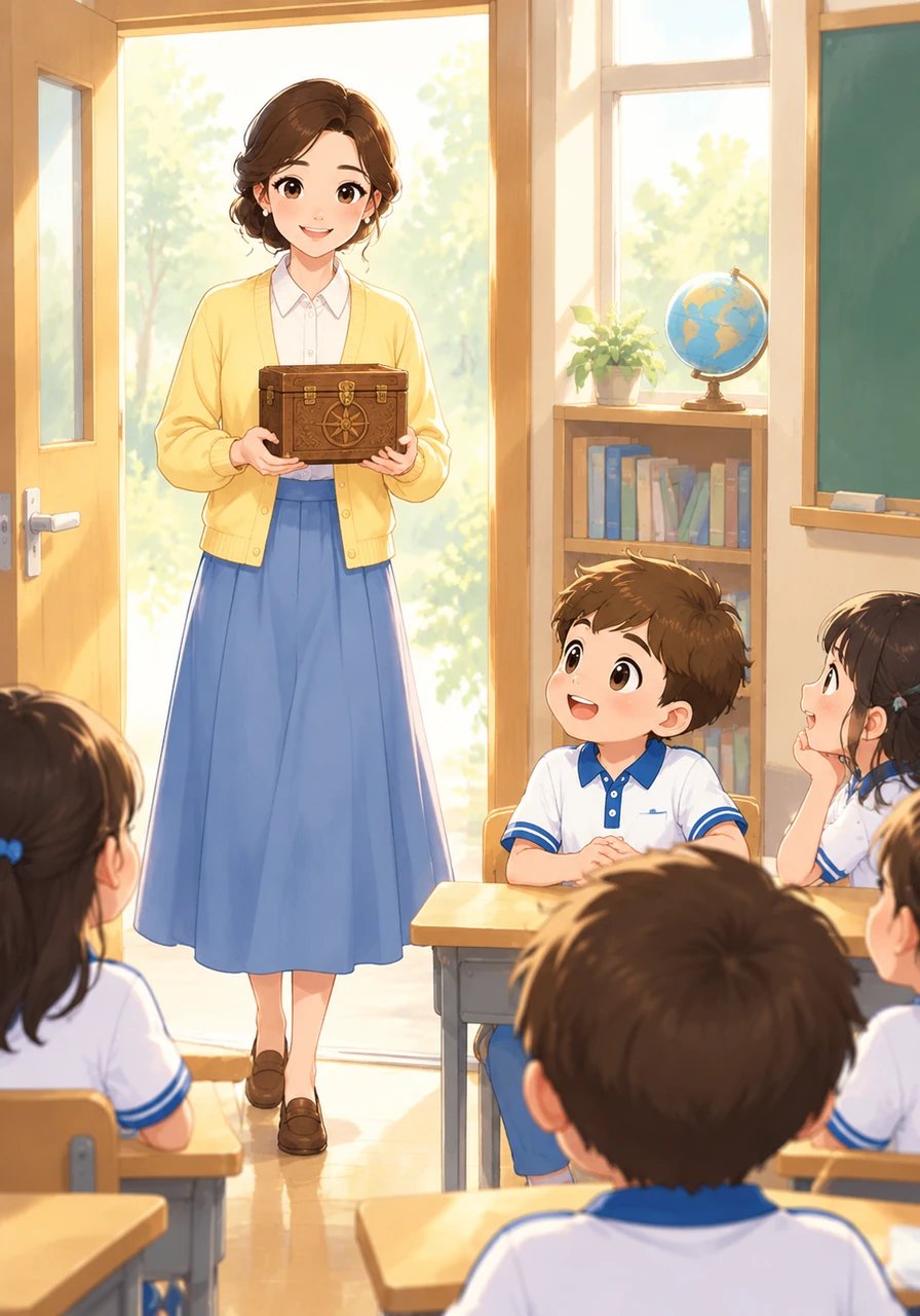 Suara bel sekolah berbunyi nyaring menandakan waktu belajar telah tiba. Bu Maya melangkah ke dalam kelas dengan senyuman hangat dan sebuah kotak kayu misterius di tangannya. Para siswa duduk rapi dengan mata berbinar, penasaran dengan apa yang membawa keajaiban hari ini.