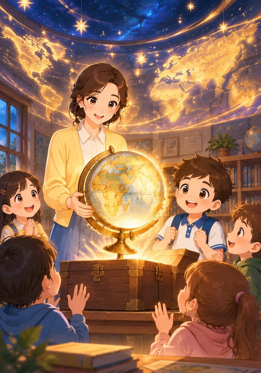 Bu Maya membuka kotak kayu itu perlahan dan mengeluarkan sebuah globe tua yang bisa menyala. Cahaya keemasan terpancar meredupkan lampu ruangan, mengubah langit-langit kelas menjadi hamparan bintang yang indah. Anak-anak bersorak gembira melihat peta dunia berdansa di dinding.