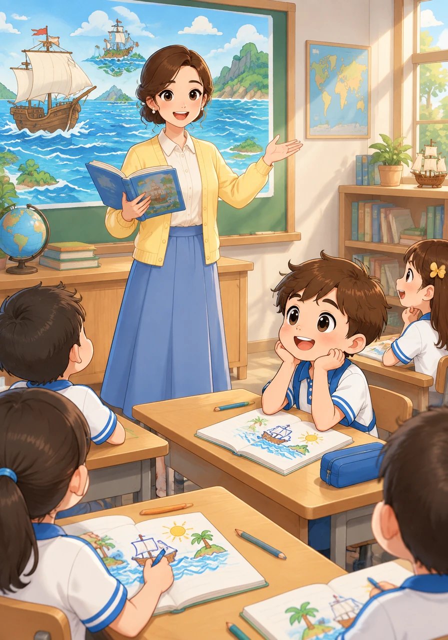 Dengan lembut, Bu Maya menceritakan petualangan menyeberangi samudra dan menjelajahi benua-benua jauh. Dia mengajak anak-anak membayangkan diri mereka sebagai penjelajah cilik yang pemberani. Sambil menyimak, para siswa membuat catatan dan gambar sederhana di buku tulis masing-masing.