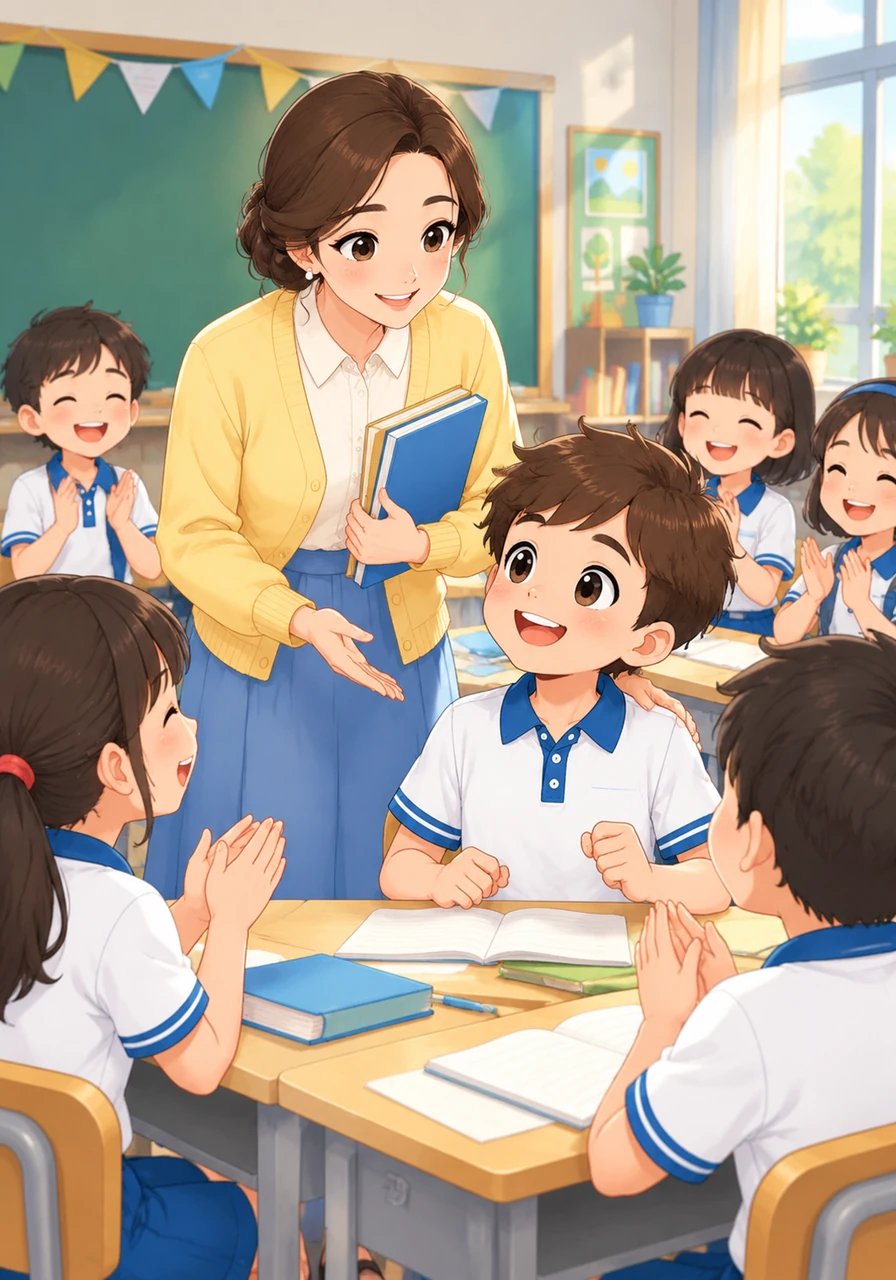 Bu Maya berjalan mengelilingi ruang kelas sambil memberikan pujian dan dorongan semangat bagi setiap kelompok. Beliau menunjukkan bahwa setiap ide yang disampaikan oleh para siswa sangat berharga dan patut dihargai. Suara gelak tawa dan tepuk tangan terdengar sahut-menyahut di sudut ruangan.