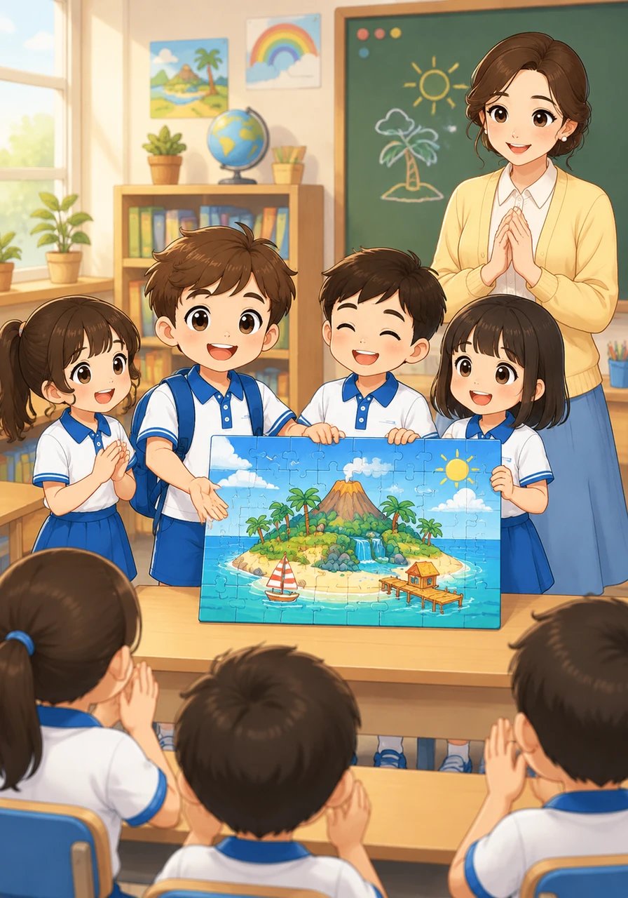 Setelah teka-teki selesai disatukan, masing-masing kelompok maju ke depan kelas untuk mempresentasikan hasil karya mereka. Dengan percaya diri, anak-anak menceritakan pulau impian yang mereka buat sendiri. Bu Maya mendengarkan dengan penuh perhatian dan rasa bangga.