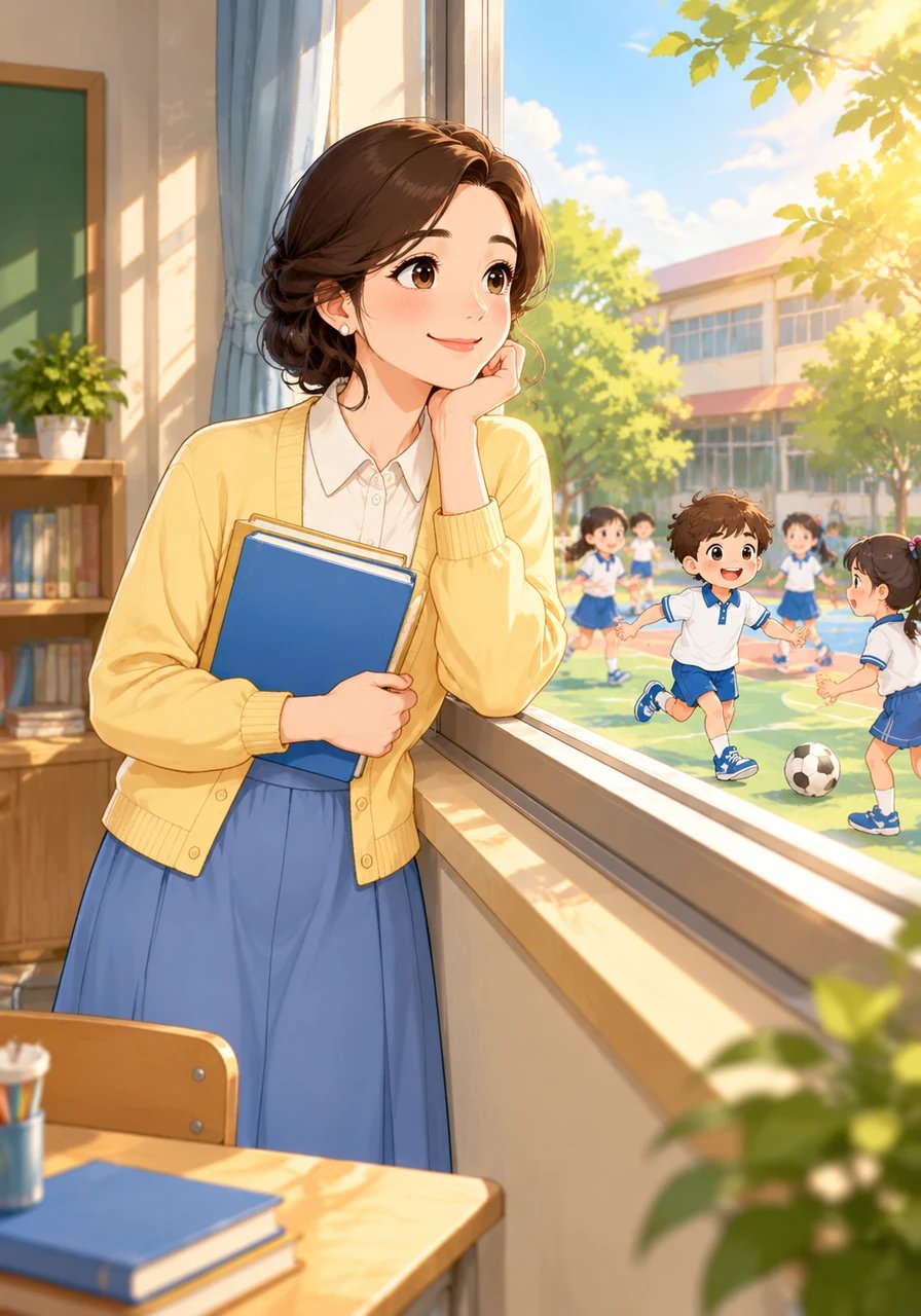 Bu Maya berdiri di dekat jendela kelas, memperhatikan para siswanya bermain di halaman sekolah dengan gembira. Beliau tersenyum bahagia menyadari bahwa benih rasa ingin tahu telah berhasil tertanam dengan indah di jiwa mereka. Cahaya matahari sore menyinari kelas yang tenang dan penuh kenangan manis.