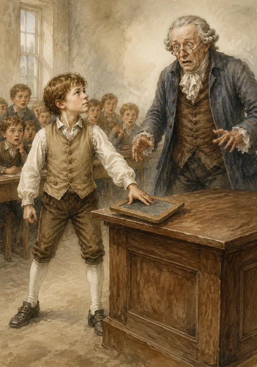 Before the teacher could even sit down to rest, Carl walked up to the front of the room with absolute confidence. He slammed his stone slate face-down on the teacher’s heavy wooden desk, startling the entire room.