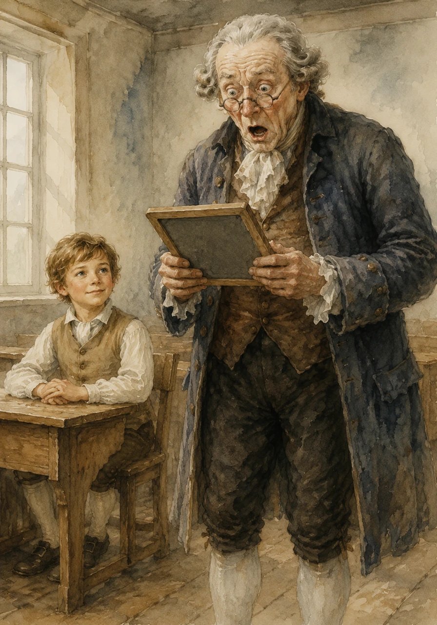 Mr. Büttner thought the young boy was playing a lazy joke and prepared to scold him. However, when the grumpy schoolmaster turned the slate over, his jaw dropped in absolute shock at the perfect digits.