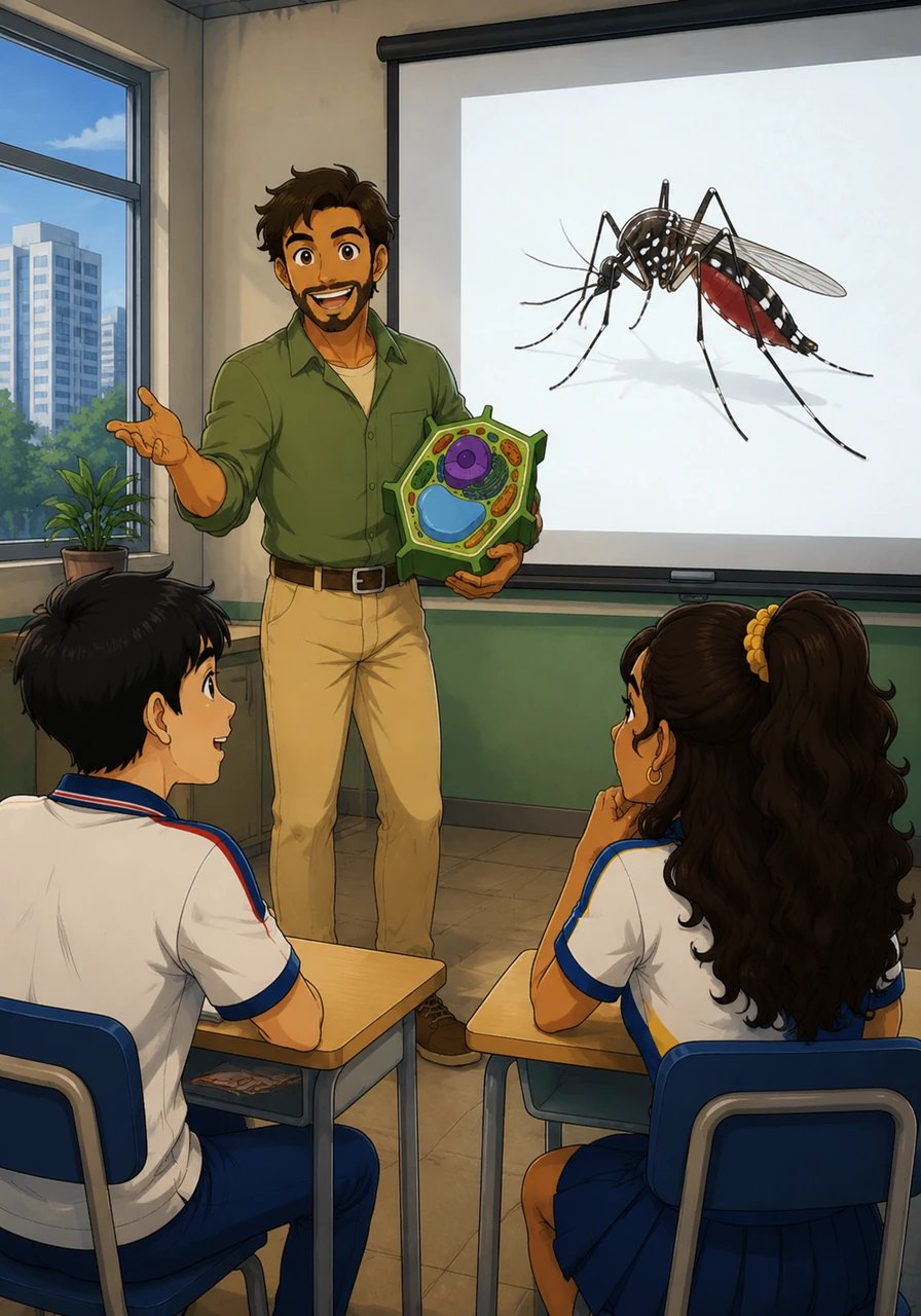 Na movimentada Escola Hilda Miranda Nascimento, na cidade de Serra, o Professor Marcos inicia uma aula especial de biologia utilizando o projetor. André e Karla, estudantes de 16 anos, prestam muita atenção enquanto um mosquito Aedes aegypti estilizado em traços de anime surge na tela.