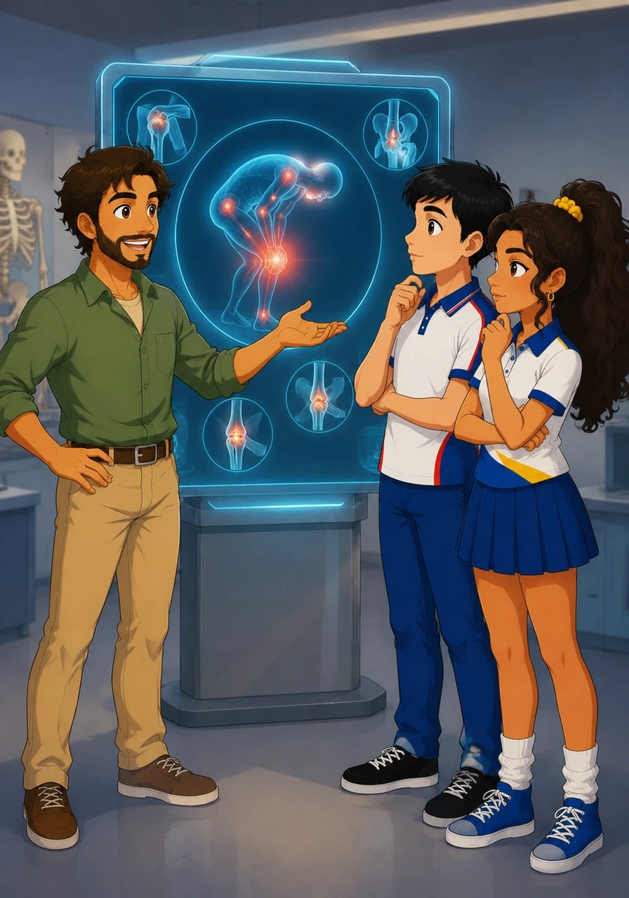 O painel digital mostra a tradução literal da palavra, que significa aqueles que se dobram ou dobrar-se de dor. O Professor Marcos detalha que o nome é uma referência direta à postura curvada que os pacientes adotavam devido às intensas dores articulares causadas pela doença.