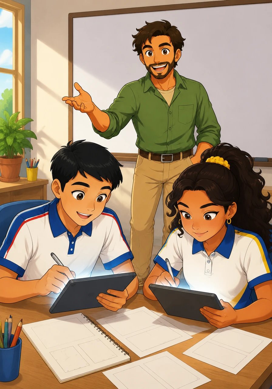 Para fixar o aprendizado, o Professor Marcos propõe um desafio prático e convida os alunos a criarem uma campanha de conscientização para a escola. André e Karla se juntam imediatamente, compartilhando ideias inovadoras em seus tablets e esboçando os primeiros panfletos informativos.
