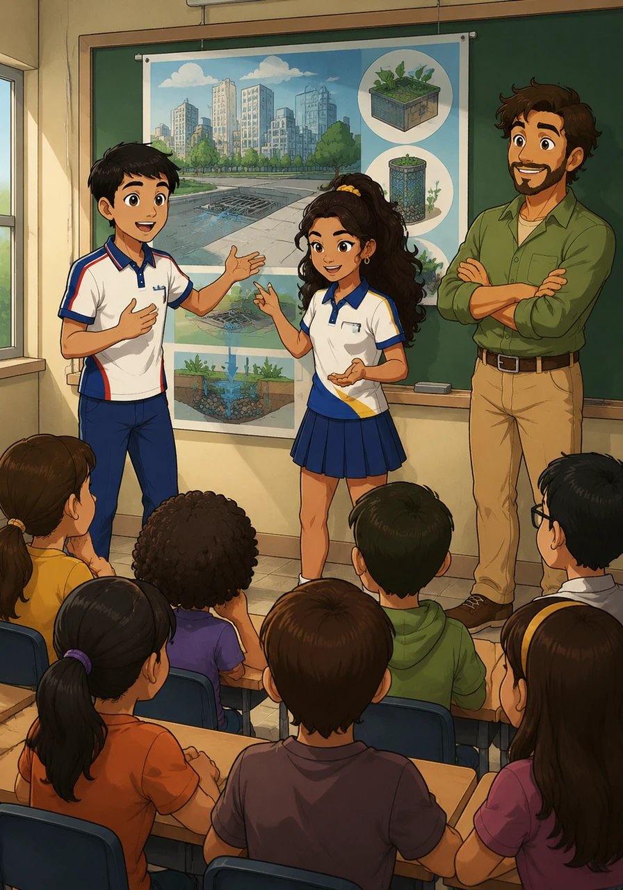 Os dois estudantes apresentam o projeto finalizado para toda a turma, destacando a importância de eliminar os focos de água parada na cidade de Serra. A ilustração mostra o protagonismo dos jovens, que utilizam a ciência como ferramenta para proteger sua comunidade.