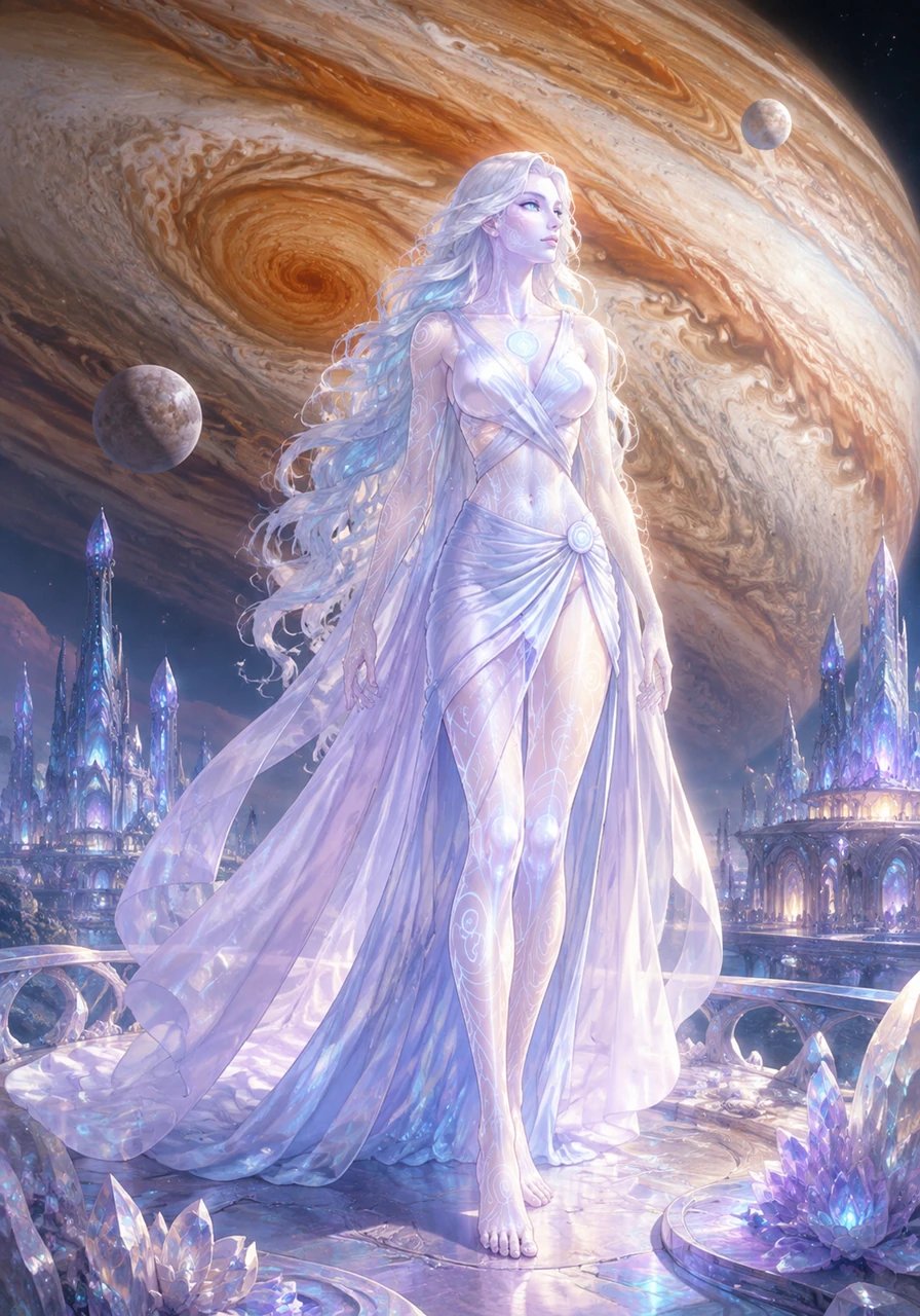 Beneath the vast, swirling storm veil of Jupiter lies the hidden realm of Aura, home to the noble guardian Ari. Standing twelve feet tall with pearl-white skin etched in mathematical spirals, she embodies the delicate balance of the cosmos. As she gazes into the horizon, her living Fibonacci patterns hum softly with a tranquil moonlight glow.