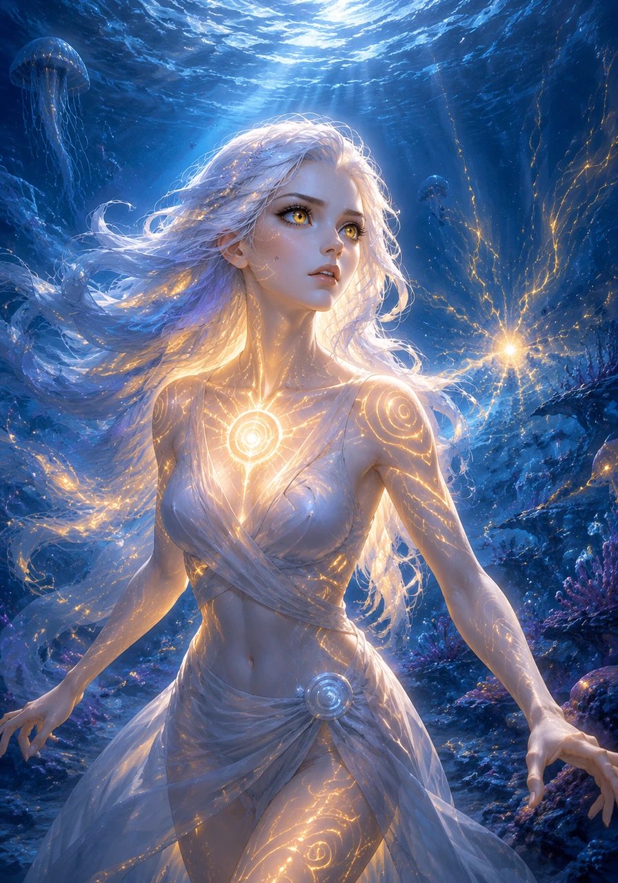 A sudden tremor ripples through the magnetic currents, awakening the sensory filaments of her hair. Ari’s multi-layered eyes shift into sharp focus, detecting faint ultraviolet disturbances deep in the Auran ocean. Her Living Song shifts from pearl to a cautious amber hue, signaling an urgent call to action.