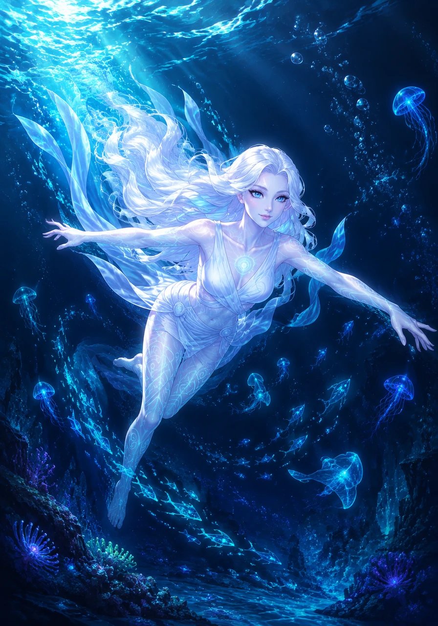 Gliding like an Olympic swimmer through invisible water, Ari leaps smoothly into the ocean depths. Her diamond-strong skin reflects brilliant turquoise highlights as luminous aquatic creatures gather in her wake. She moves with effortless grace, untroubled by the immense pressures of the deep sea.