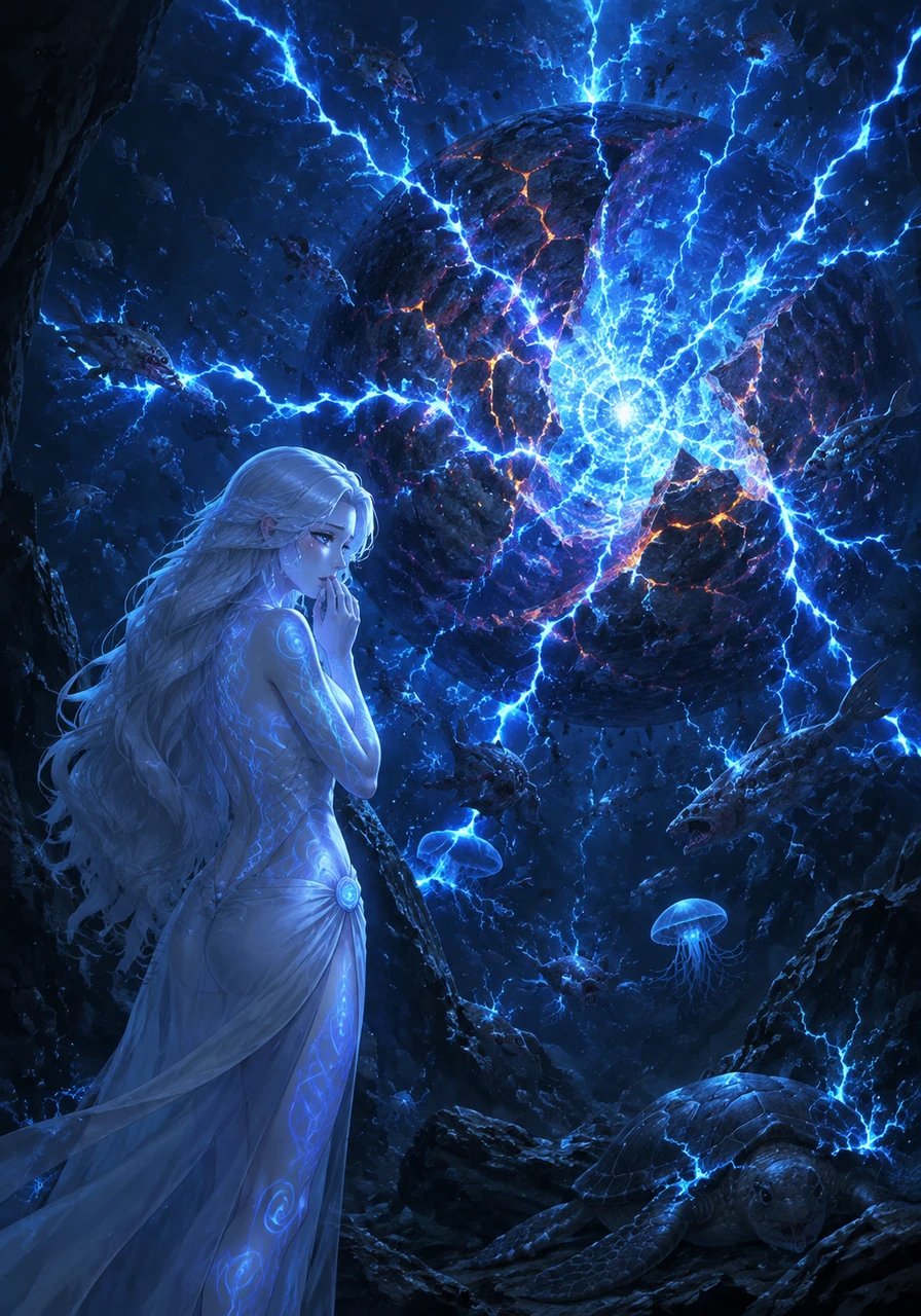 Deep within a subterranean trench, Ari finds a fractured planetary core leaking erratic electromagnetic bursts. The wild energy threatens to collapse the local ecosystem and distress the surrounding wildlife. Her heart aches for the ocean creatures, turning her glowing markings into a rich sapphire blue.
