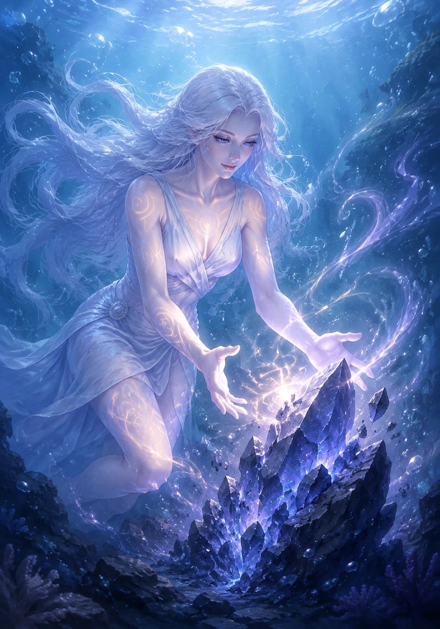 Reaching out with gentle hands, Ari approaches the violent crystal without fear. Her tiger-like nose twitches as she senses the underlying harmonic frequency of the damaged stone. She speaks in soft, comforting tones, letting her compassionate energy calm the immediate surrounding waters.
