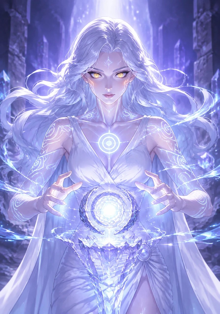 Recognizing that healing the core requires absolute focus, Ari enters Guardian Mode. Her amber eyes narrow into precise concentric rings, revealing the biological mastery within her alien physiology. The crystalline etchings along her face and shoulders flare with sudden intensity.
