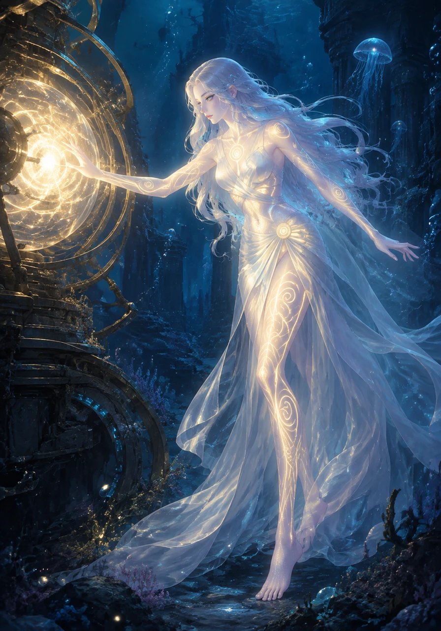 A brilliant white-gold radiance blazes across every spiral on her body, tracing the ancient Golden Ratio across her elongated frame. The immense power is controlled and warm, illuminating the dark ocean floor like a newly born star. She reaches for the core, aligning her body with its unstable frequency.