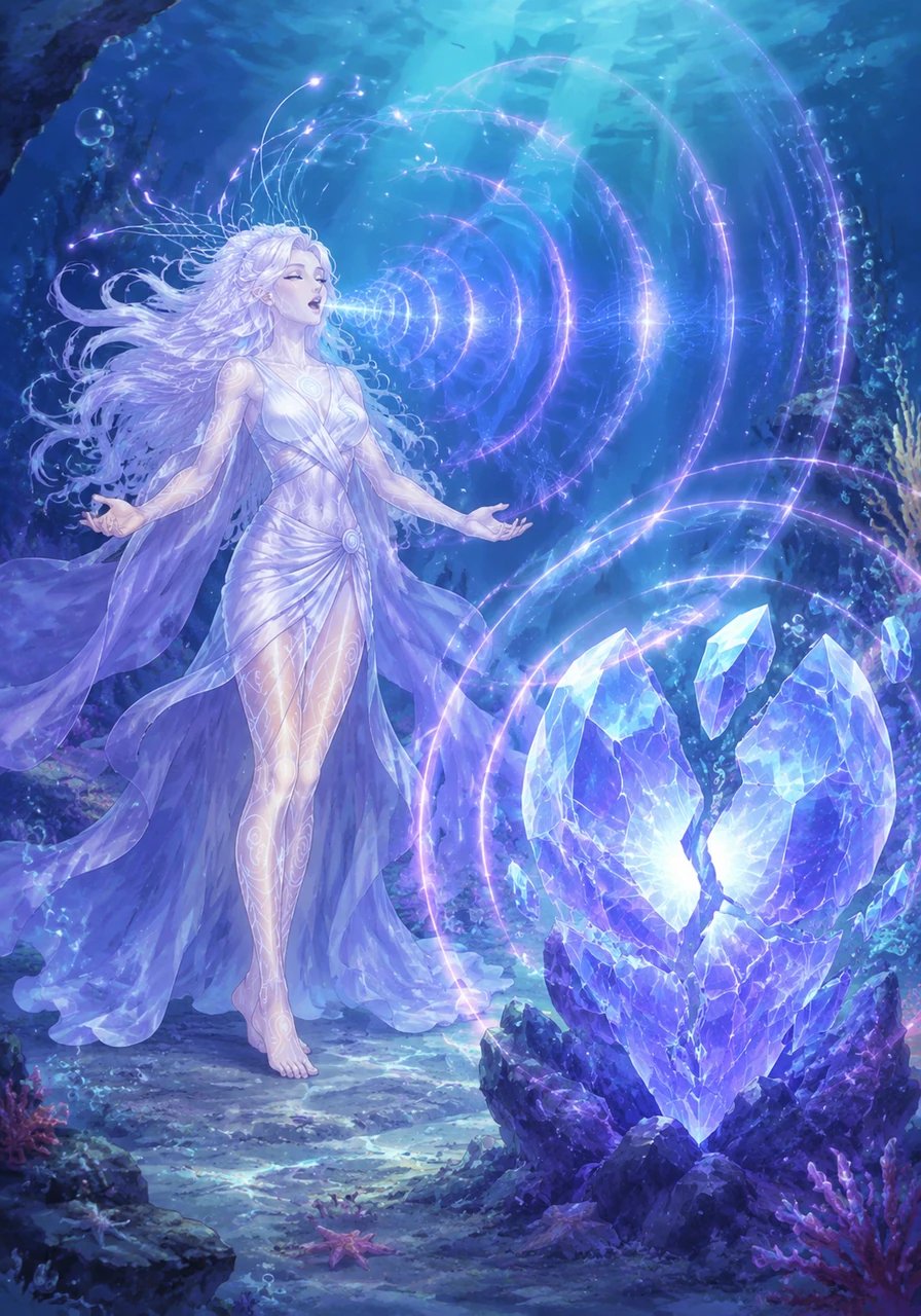 Ari lifts her voice in the sacred Resonance Song, sending waves of soothing sound across the ocean floor. Her sensory hair filaments sway and vibrate, acting as microscopic antennas that channel electromagnetic harmony. The pure melody begins to rebind the fractured facets of the crystal.
