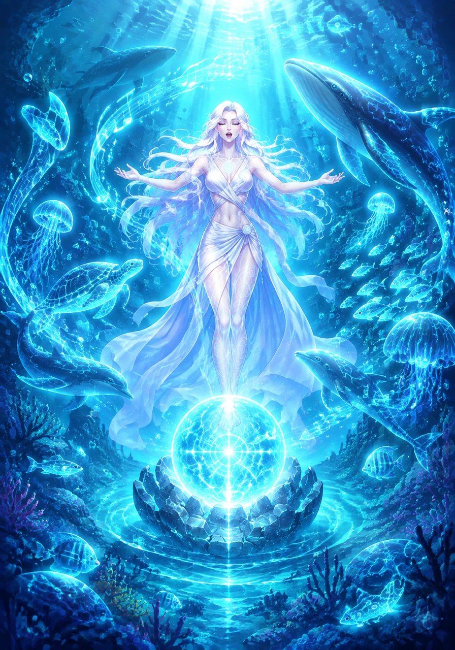 In response to her song, the surrounding sea life awakens in vibrant turquoise illumination, joining their biological energy with hers. The core responds to the collective song, sealing its fractures and releasing a gentle, stabilizing pulse. The ocean bursts into a harmonious spectacle of living light.