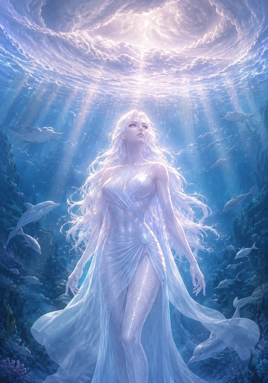 With balance fully restored to the depths of Aura, Ari’s blinding light softens back to a gentle pearl-white shimmer. She looks up toward the storm veil above, forever a compassionate shield between the stars and her world. Surrounded by peaceful oceanic life, she stands tall in timeless serenity.
