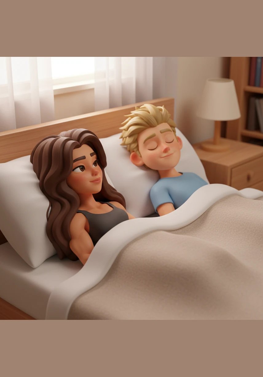I turn my head slightly to look at him, my dark hair spilling over the pillow in a messy tangle. He looks so peaceful, his blonde hair ruffled and his features softened in sleep, radiating that pure golden retriever energy I’ve grown to adore.