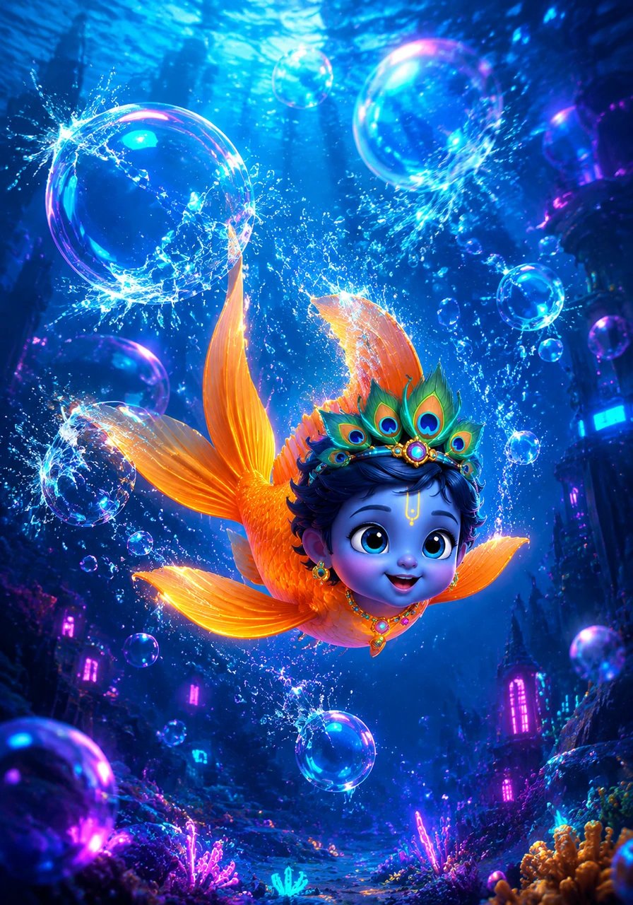 Little Vishnu becomes a bright orange fish with a big, swishy tail. He swims through the deep blue ocean, making giant bubbles that go pop, pop, pop in the water.
