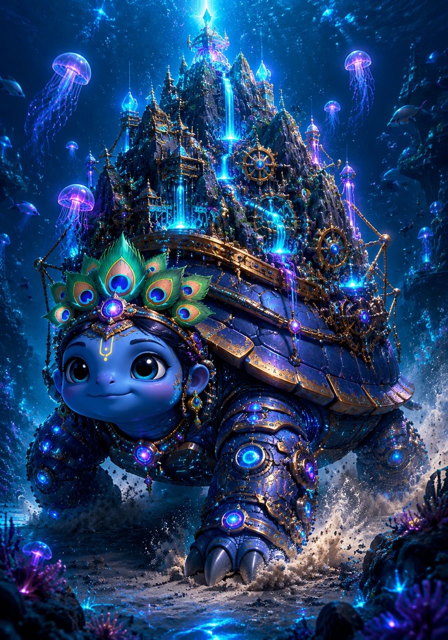 Now Little Vishnu is a slow, steady turtle with a very hard, bumpy shell. He carries a big, heavy mountain on his back while walking slowly across the sandy sea floor with a thump, thump, thump.