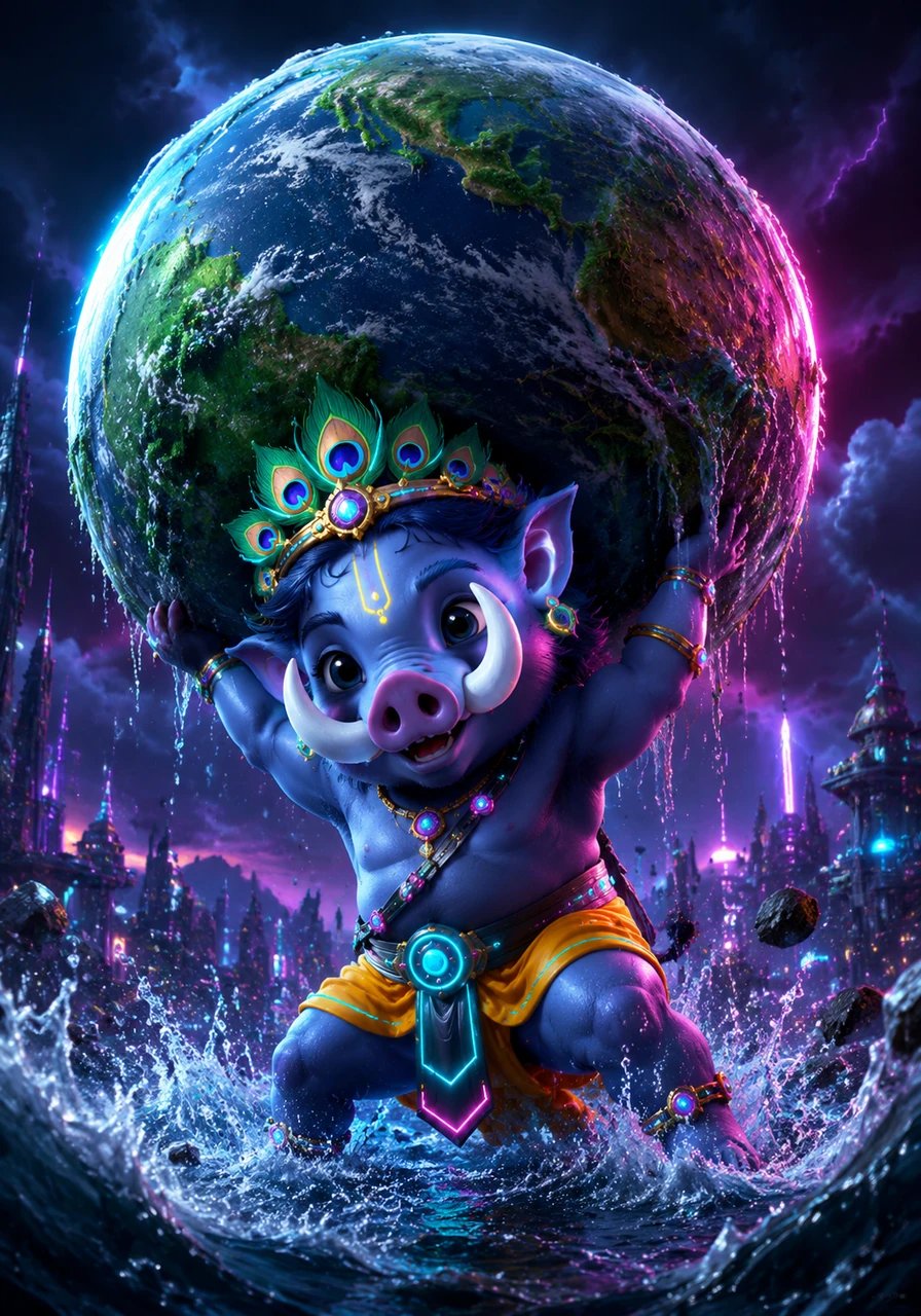 Little Vishnu turns into a strong wild boar with shiny white tusks and a wiggly nose. He uses his powerful legs to dig, dig, dig and lifts the whole green Earth out of the water with a happy snort.